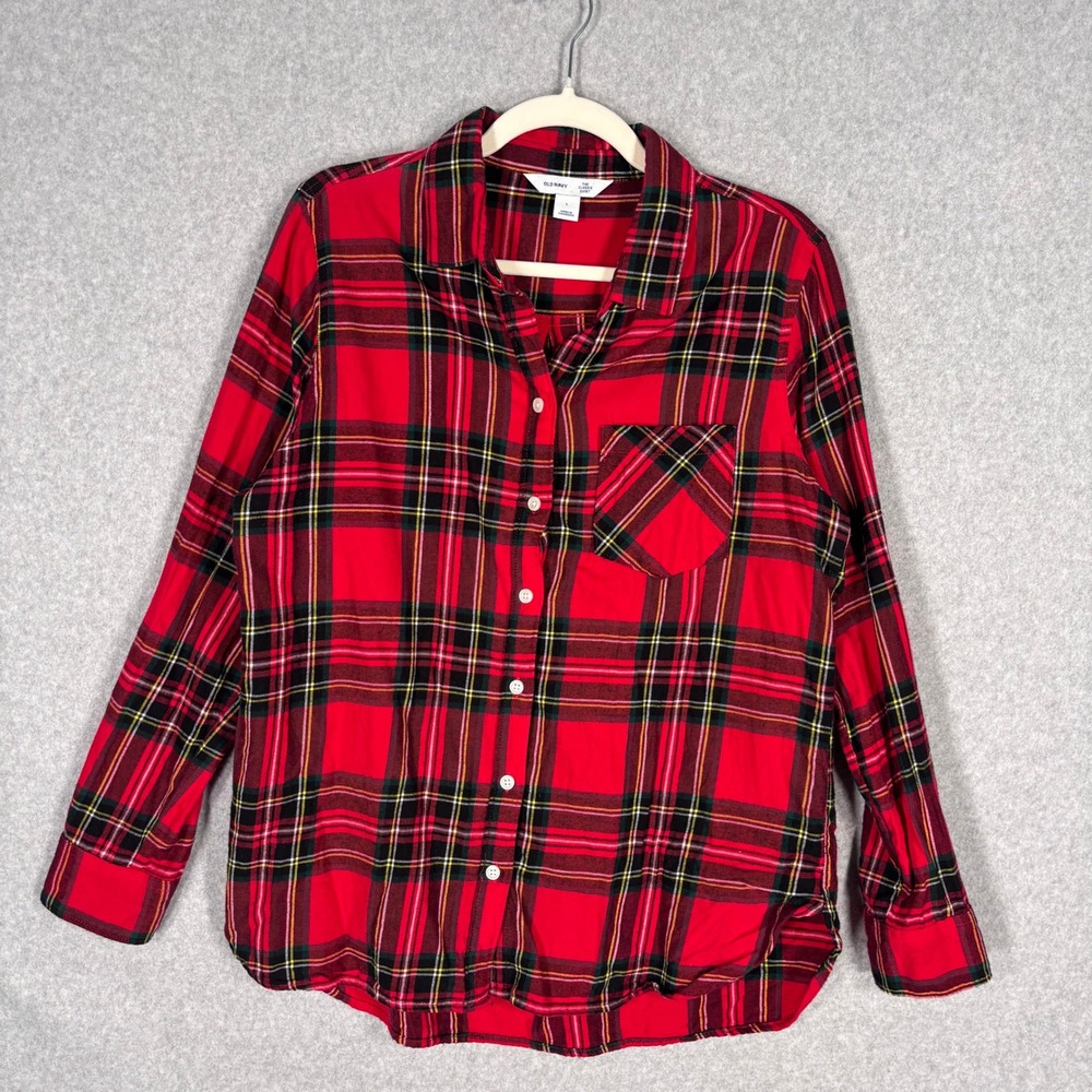 Old Navy Tartan Plaid Flannel Shirt Large Red Green Classic Cotton GORP Preppy